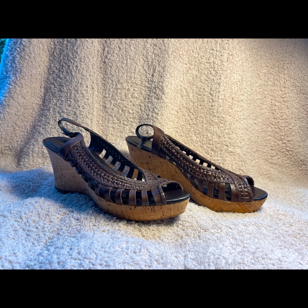 Nicole Cork Wedge Dark Brown Sandals, Size 10M